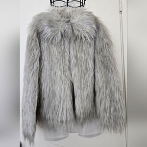Topshop Faux Fur Grey Shag Coat Jacket Grey White